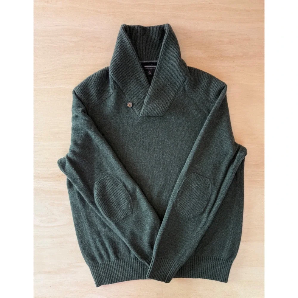 Banana Republic Mens XL Forest Green Shawl Collar Italian Yarn Elbow Sweater